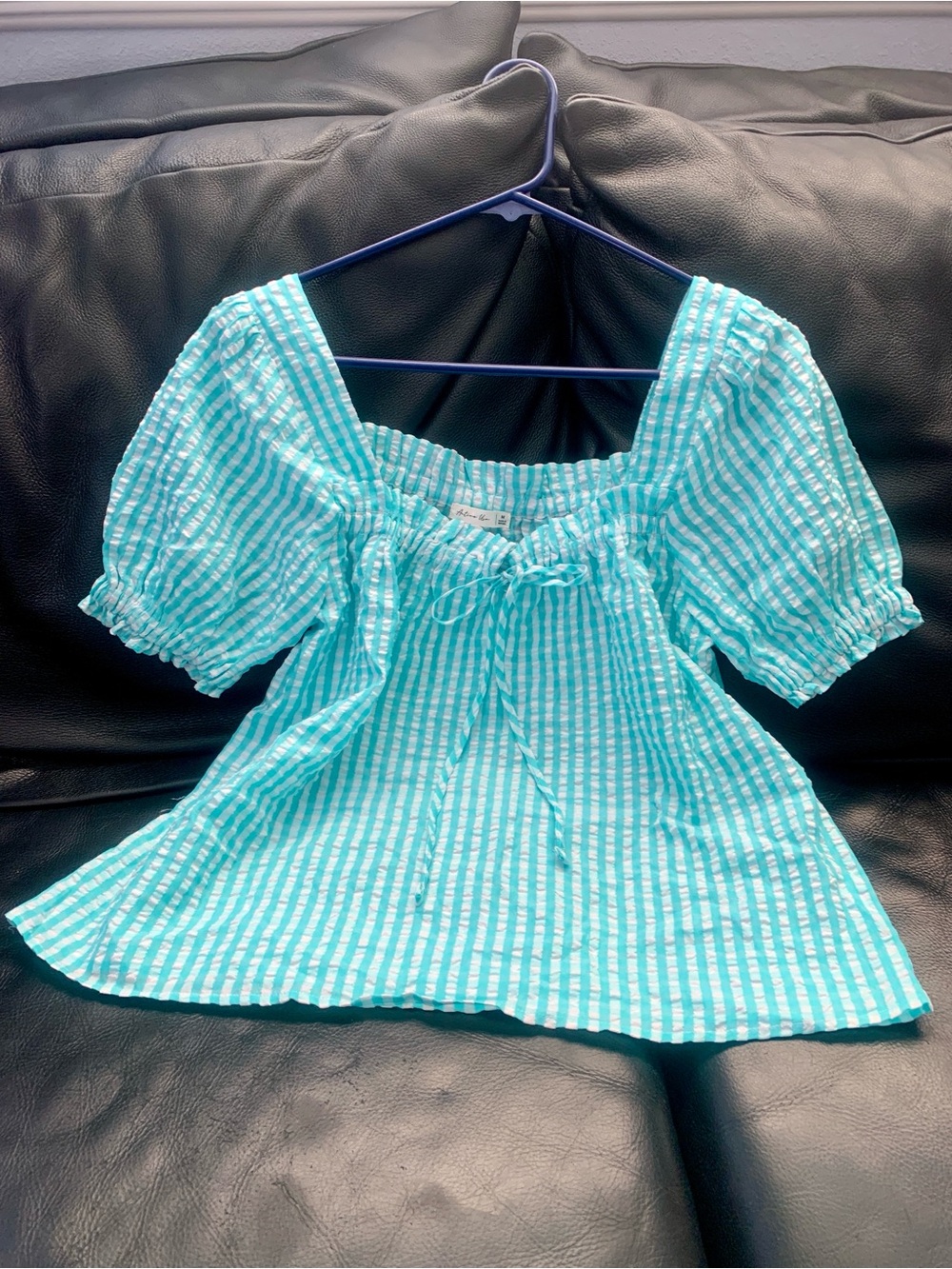 Active USA Aqua Striped Puff-Sleeve Square Neck Blouse